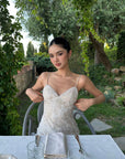 ROVENTE Embellished Lace Maxi Dress with Sequin Detail and Open Back