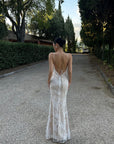 ROVENTE Embellished Lace Maxi Dress with Sequin Detail and Open Back