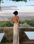 ROVENTE Embellished Lace Maxi Dress with Sequin Detail and Open Back