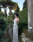 ROVENTE Embellished Lace Maxi Dress with Sequin Detail and Open Back