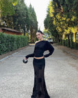 ROVENTE Sheer Mesh Sequin Maxi Skirt with Floral Embroidery