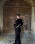 ROVENTE Sheer Mesh Sequin Maxi Skirt with Floral Embroidery