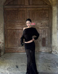 ROVENTE Sheer Mesh Sequin Maxi Skirt with Floral Embroidery