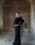 ROVENTE Sheer Mesh Sequin Maxi Skirt with Floral Embroidery