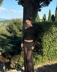 ROVENTE Sheer Mesh Sequin Maxi Skirt with Floral Embroidery