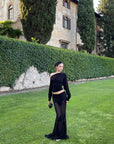 ROVENTE Sheer Mesh Sequin Maxi Skirt with Floral Embroidery
