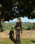 ROVENTE Sheer Mesh Sequin Maxi Skirt with Floral Embroidery