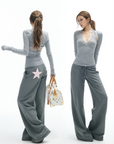 IAMXIAA Star Patch Wide Leg Sweatpants Drawstring Waist Lounge Pants