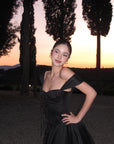 ROVENTE Off-Shoulder Satin Corset Midi Dress with Flared Skirt