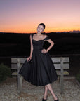 ROVENTE Off-Shoulder Satin Corset Midi Dress with Flared Skirt