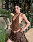 ROVENTE Lace Halter Top in Brown Velvet