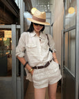 ROVENTE Pinstripe Linen Shirt and Shorts Set with Relaxed Fit and Tailored Detailing