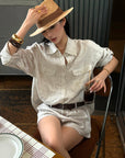 ROVENTE Pinstripe Linen Shirt and Shorts Set with Relaxed Fit and Tailored Detailing