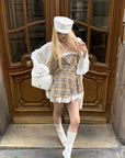 Rase le sol Plaid Flared Dress with Layered Lace Hem