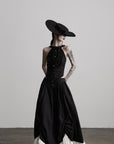 DOINDULGE Layered Contrast Hem Skirt with Gathered Draping and Buttoned High Waist