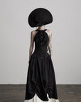 DOINDULGE Layered Contrast Hem Skirt with Gathered Draping and Buttoned High Waist