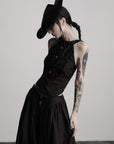 DOINDULGE Distressed Textured Halter Top with Sculptural Button Detail