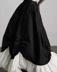 DOINDULGE Layered Contrast Hem Skirt with Gathered Draping and Buttoned High Waist