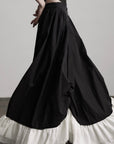 DOINDULGE Layered Contrast Hem Skirt with Gathered Draping and Buttoned High Waist