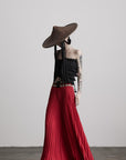 DOINDULGE Red Pleated Wide-Leg Skirt with Geometric Woven Waistband and Statement Buckle