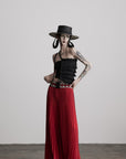 DOINDULGE Red Pleated Wide-Leg Skirt with Geometric Woven Waistband and Statement Buckle