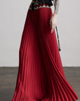 DOINDULGE Red Pleated Wide-Leg Skirt with Geometric Woven Waistband and Statement Buckle