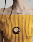 DOINDULGE Off-Shoulder Ribbed Knit Top with Wooden Medallion Detail