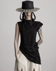 DOINDULGE Asymmetric Textured Sleeveless Top with Frayed and Beaded Detailing