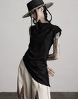 DOINDULGE Asymmetric Textured Sleeveless Top with Frayed and Beaded Detailing