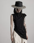 DOINDULGE Asymmetric Textured Sleeveless Top with Frayed and Beaded Detailing