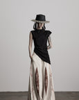 DOINDULGE Asymmetric Textured Sleeveless Top with Frayed and Beaded Detailing