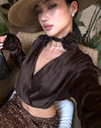 ROVENTE Draped Satin Crop Blouse with Removable Rose Choker