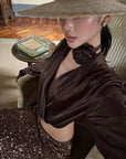 ROVENTE Draped Satin Crop Blouse with Removable Rose Choker