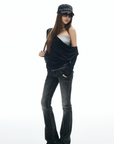 IAMXIAA Low Rise Washed Flare Jeans with Distressed Fade