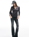 IAMXIAA V-Neck Long Sleeve Top with Button Detail