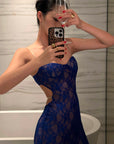 ROVENTE Lace Cutout Maxi Dress with Sheer Mesh and Slim Fit
