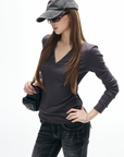IAMXIAA V-Neck Long Sleeve Top with Button Detail