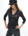 IAMXIAA V-Neck Long Sleeve Top with Button Detail