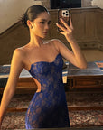 ROVENTE Lace Cutout Maxi Dress with Sheer Mesh and Slim Fit
