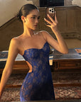 ROVENTE Lace Cutout Maxi Dress with Sheer Mesh and Slim Fit