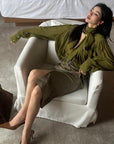 ROVENTE Draped Deep V-Neck Blouse with Tie Collar and Billowy Sleeves