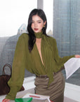 ROVENTE Draped Deep V-Neck Blouse with Tie Collar and Billowy Sleeves