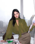 ROVENTE Draped Deep V-Neck Blouse with Tie Collar and Billowy Sleeves