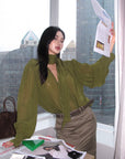 ROVENTE Draped Deep V-Neck Blouse with Tie Collar and Billowy Sleeves
