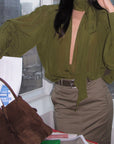 ROVENTE Draped Deep V-Neck Blouse with Tie Collar and Billowy Sleeves