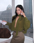 ROVENTE Draped Deep V-Neck Blouse with Tie Collar and Billowy Sleeves