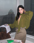 ROVENTE Draped Deep V-Neck Blouse with Tie Collar and Billowy Sleeves