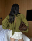 ROVENTE Draped Deep V-Neck Blouse with Tie Collar and Billowy Sleeves