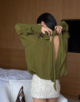 ROVENTE Draped Deep V-Neck Blouse with Tie Collar and Billowy Sleeves