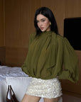 ROVENTE Draped Deep V-Neck Blouse with Tie Collar and Billowy Sleeves